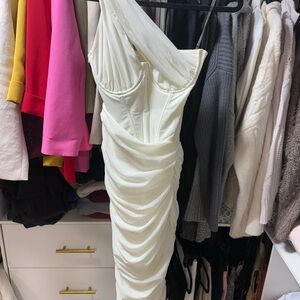 House of CB Valentina Asymmetric Cutout One-Shoulder Midi Dress in ivory.